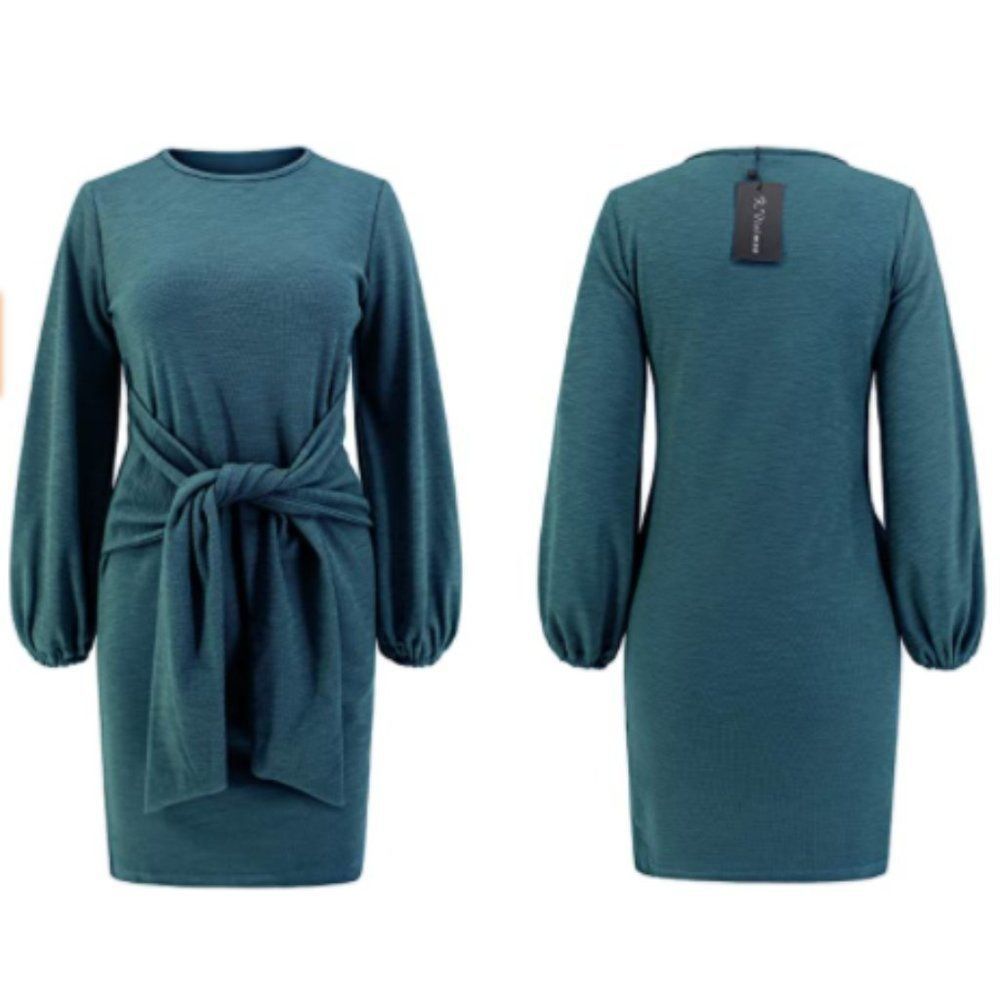 Teal Long Sleeved Knitted Tie Waist Sweater Dress Size S